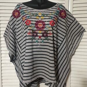 Johnny Was JWLA grey Striped Poncho with Floral Embroidery